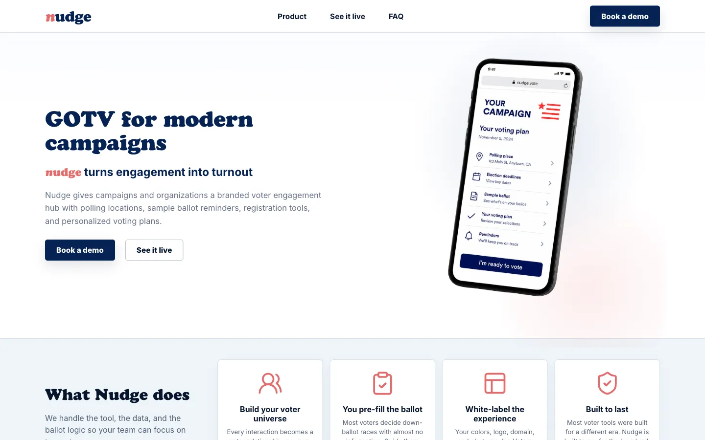 Screenshot of the live Nudge homepage